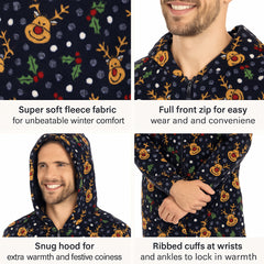 A2Z Men Womens Xmas Micro Fleece Hooded Soft Warm All in One Festive Pyjamas