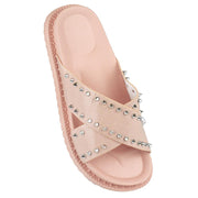 Womens Crossover Strap Slidder With Stud Comfortable Summer Flat Sandals Shoes