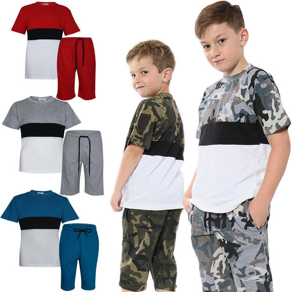 Kids Colour Contrast Panel Top & Shorts Set Summer Wear Girls Boys Age 5-13 yrs