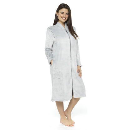 Ladies Dressing Gown Fluffy Bathrobe Women Zip Through Full Length House Coat