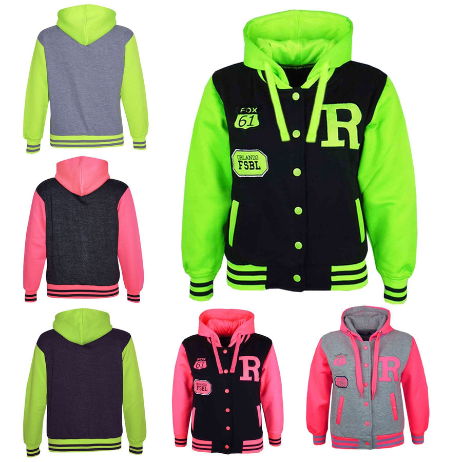 Kids Jacket Girls Boys Baseball Hooded Jacket Varsity Hoodie New Age 2-13 Years