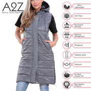 Ladies Sleeveless Gilet Oversized Hooded Quilted Gilet Padded Long Line Coat
