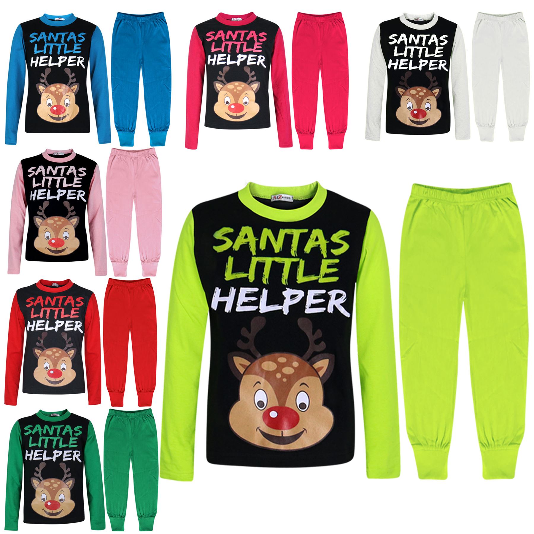 Kids Girls Boys Pyjamas Santas Little Helper Reindeer Contrast Sleeves Xmas PJS