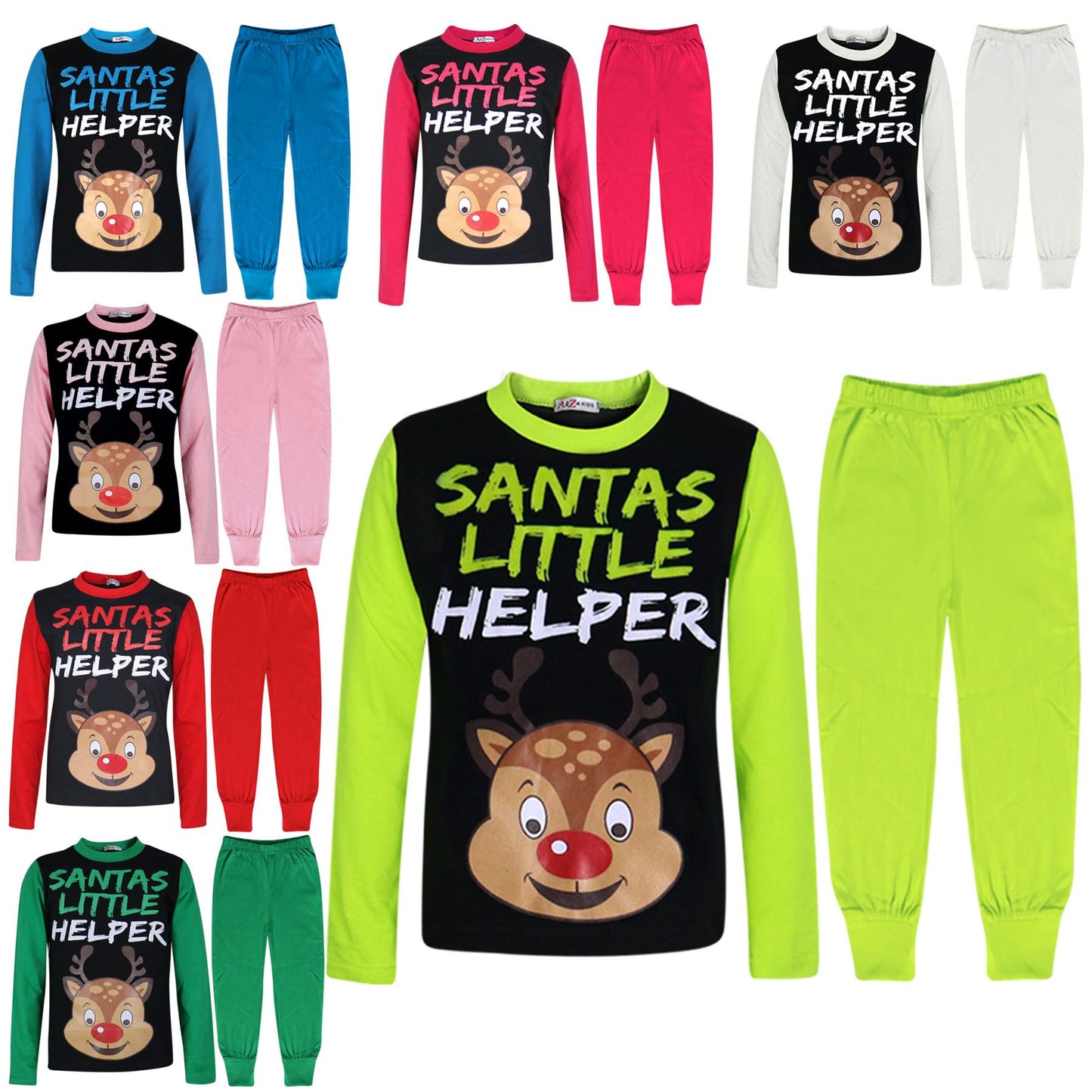 Kids Girls Boys Pyjamas Santas Little Helper Reindeer Contrast Sleeves Xmas PJS