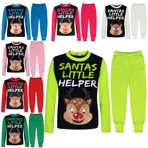 Kids Girls Boys Pyjamas Santas Little Helper Reindeer Contrast Sleeves Xmas PJS