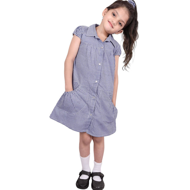 Girls Uniform School Dress Gingham Check Printed Dress With Matching Scrunchies - A2Z 4 Kids