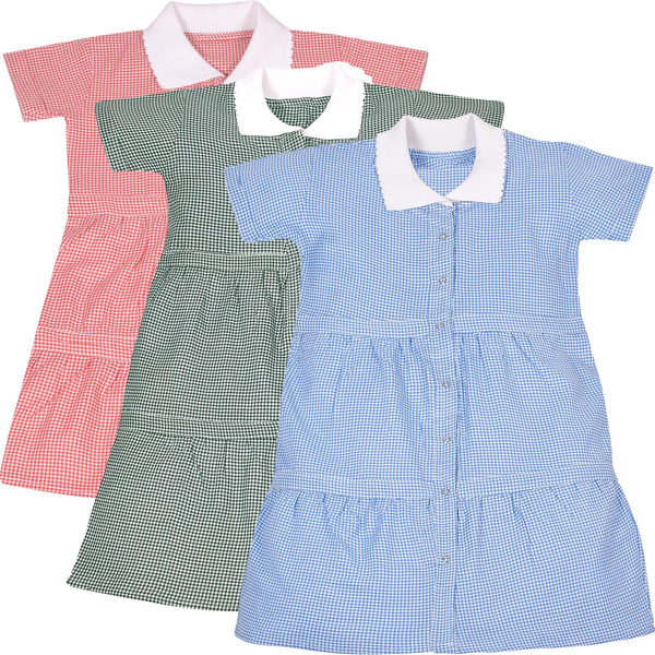 Kids Girls Gingham School Dress Check Button Up Tiered Dresses With Scrunchies
