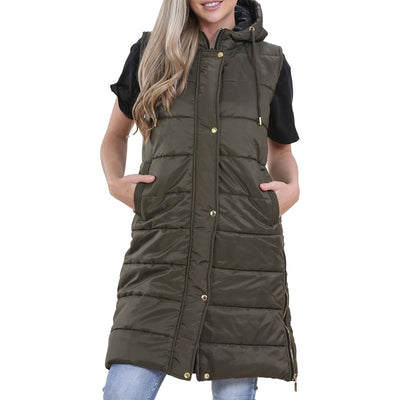 A2Z Ladies Adults Sleeveless Gilet Oversized Hooded Olive Quilted Gilet Padded Long Line Vest Jacket Sleeveless Coat Urban Winter Wear