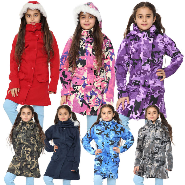 Kids Hooded Camo Parka Jacket Faux Fur Coat For Girls Age 5-13 Years