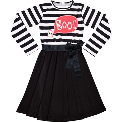 A2Z 4 Kids Girls Skater Dress Long Sleeves Boo Printed Soft Comfortable Stripes Contrast Panelled Halloween Party Fashion Dresses Age 5-13 Years - A2Z 4 Kids