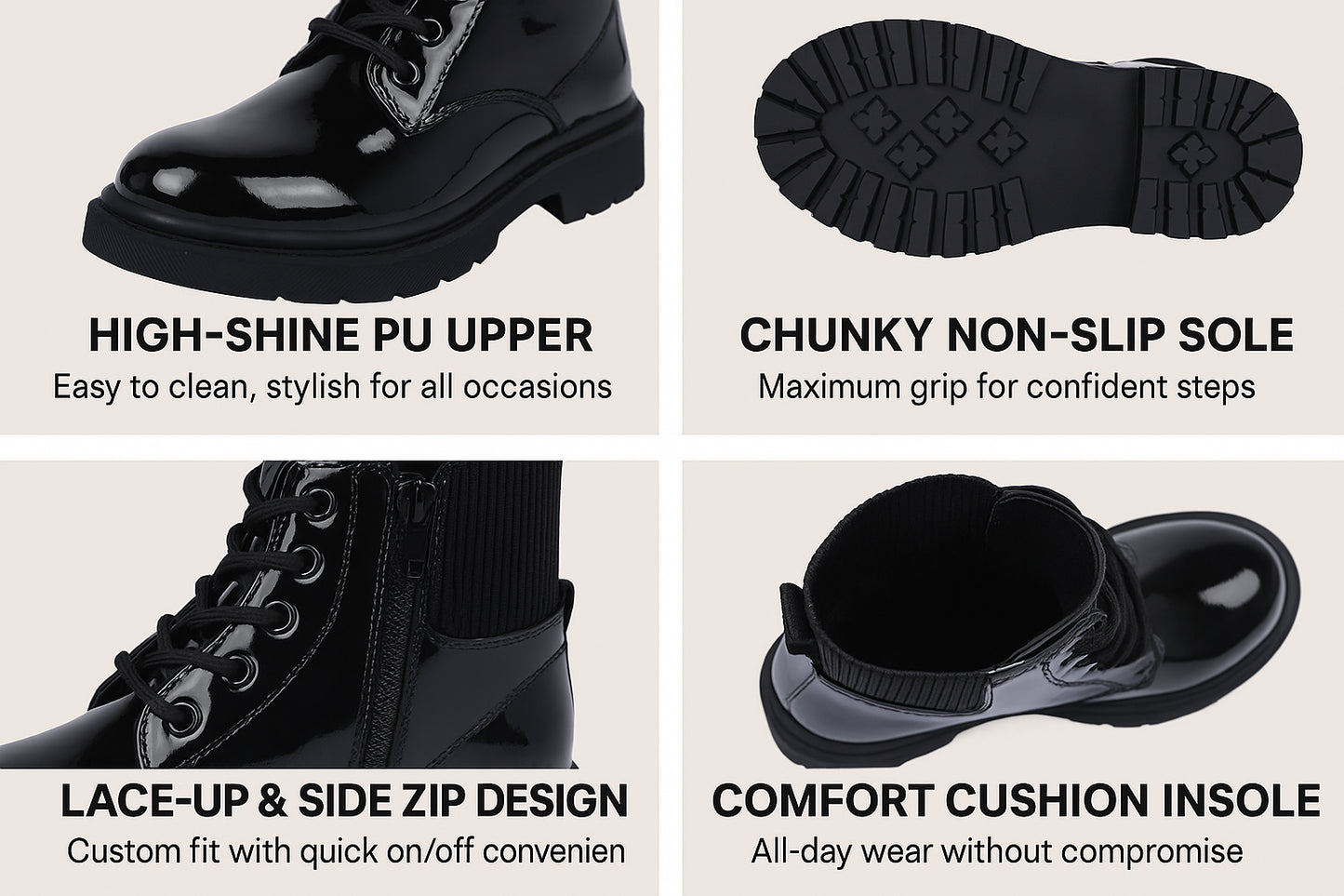 Kids Girls Teens Ladies Lace-Up Ankle Combat Boots with Side Zip Fashion Shoes