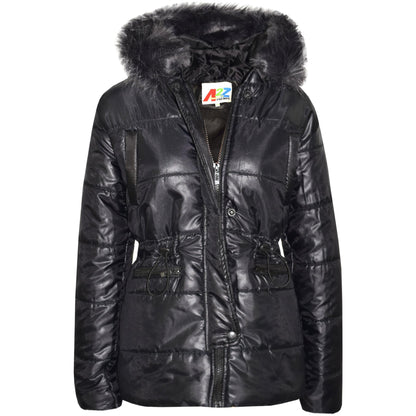 Kids Girls Jackets Puffer Hooded Detachable Faux Fur Wet Look Padded Long Coats