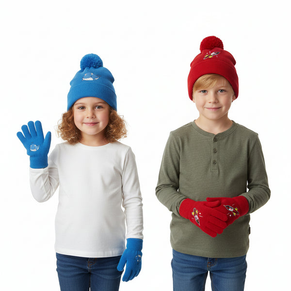 Kids Boys 2 Pack Hat Gloves Set Knitted Bobble Shark/Rocket Motif Hat Gloves Set