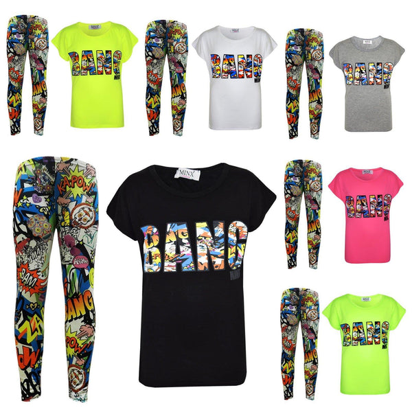 Kids Girls BANG Printed Trendy Top & Stylish Fashion Legging Set Age 7-13 Years