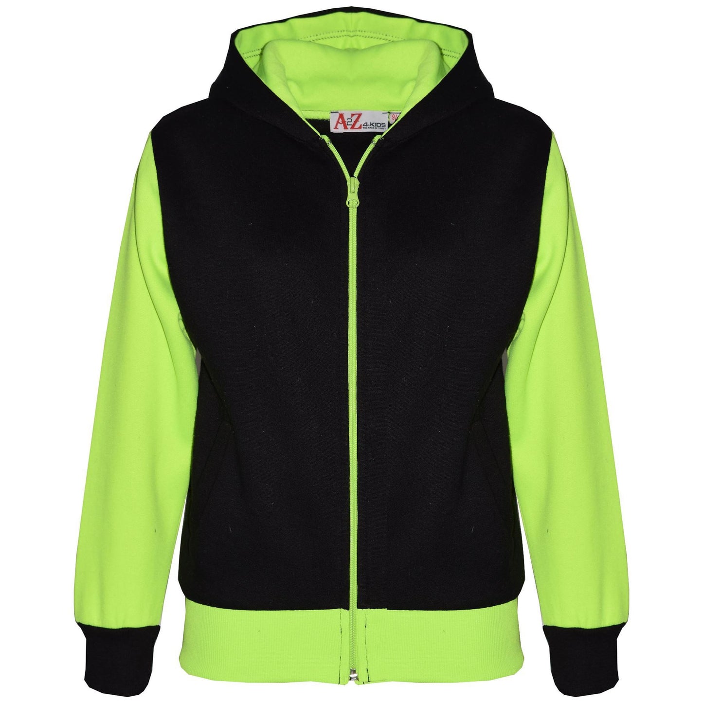 A2Z 4 Kids Girls Boys Neon Green Plain Tracksuit Contrast Fleece Hooded Top With Bottom Joggers Gymwear Jogging Suit Sweatpants Sports Activewear Outfit Set For Childrens Unisex New Age 2-13 Years