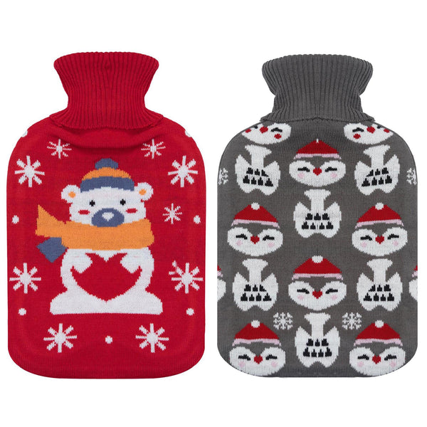 2-Pack Hot Water Bottle Christmas Santa Penguin Polar Bear Xmas 2L Heat Therapy