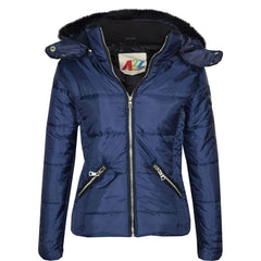 Girls Puffer Jacket Quilted Winter Coat Faux Fur Hood Warm Padded Zipped Coat
