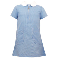 Girls Gingham School Dress Short Sleeve Check Zip Up Dresses With Scrunchies
