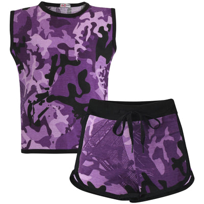 A2Z 4 Kids Girls Vest Top And Shorts 100% Cotton Camouflage Purple Taped Trendy Summer Vests Hot Pant Short Outfit Set New Age 5 6 7 8 9 10 11 12 13 Years