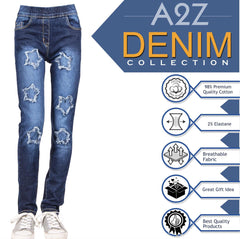 Kids Girls Denim Stars Ripped Jeans Comfort Stretchy Skinny Fashion Pants