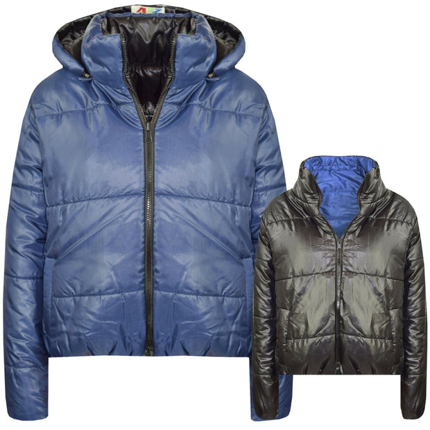 Girls Jackets Kids Reversible Cropped Hooded Padded Puffer Jacket Coat 5-13 Year