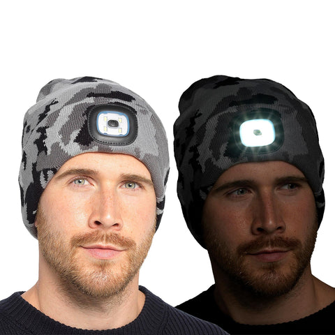 A2Z Mens LED Hat Camouflage Knitted Beanies Caps USB Rechargeable LED Torch Cap