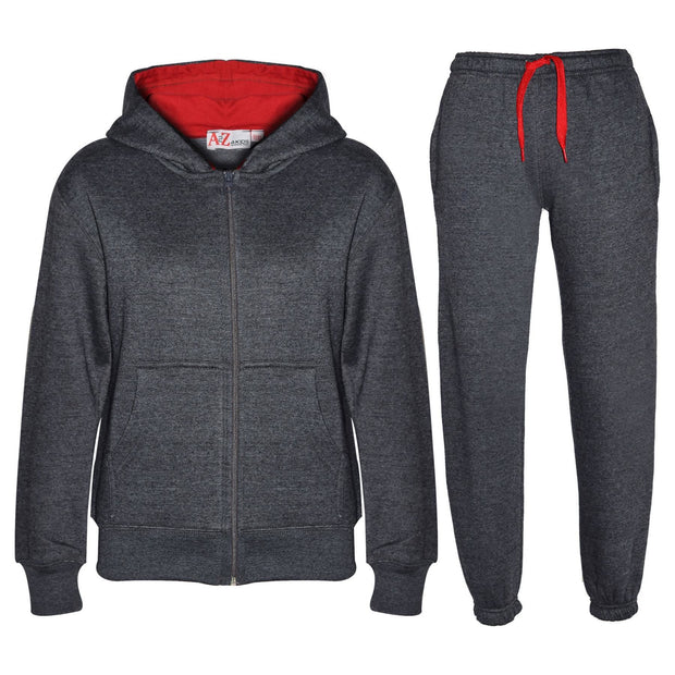 A2Z 4 Kids Plain Tracksuit Charcoal And Red Contrast Fleece Hoodie with Joggers Jogging Sweatpants Pants Sports Activewear Outfit Set For Childrens Girls Boys Age 5-13 Years