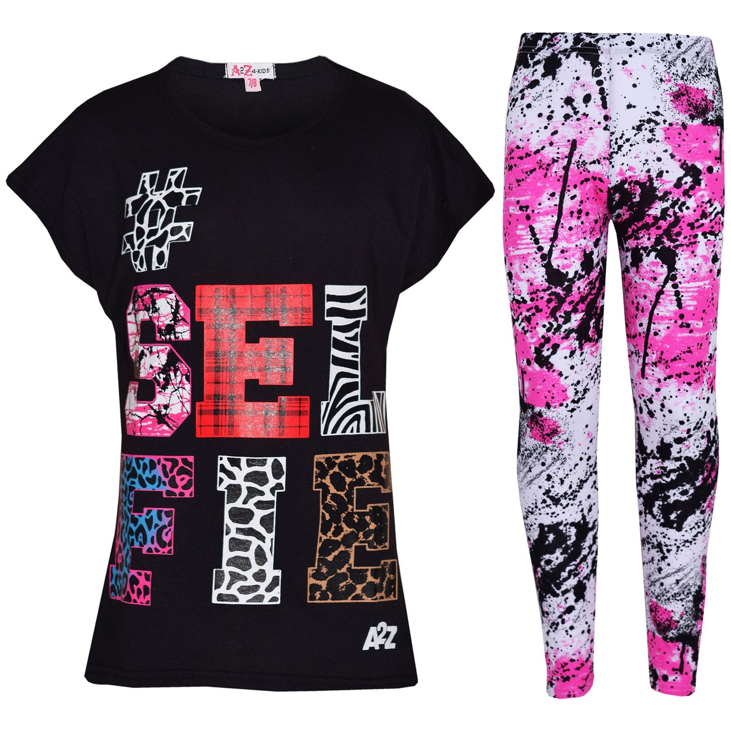 Girls Tops Kids Selfie Print Trendy T Shirt Top & Fashion Legging Set 7-13 Years