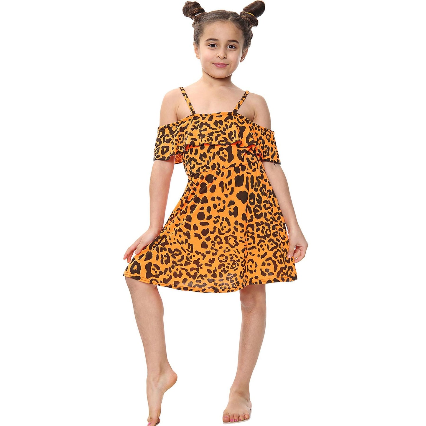 Kids Girls Skater Dress Leopard Print Summer Party Off Shoulder Dress 5-13 Years