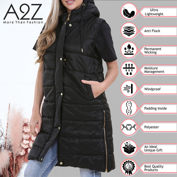 A2Z Ladies Adults Sleeveless Gilet Oversized Hooded Black Quilted Gilet Padded Long Line Vest Jacket Sleeveless Coat Urban Winter Wear