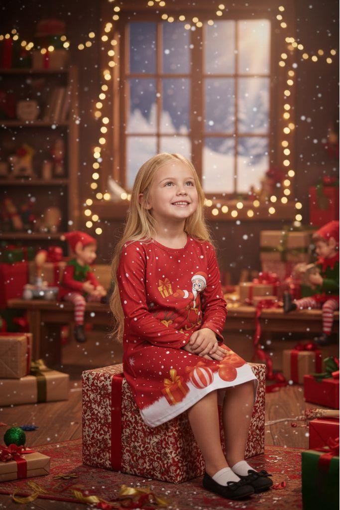 Girls Christmas Swing Dress Santa Sleigh Print Long Sleeve Party Dress Outfit