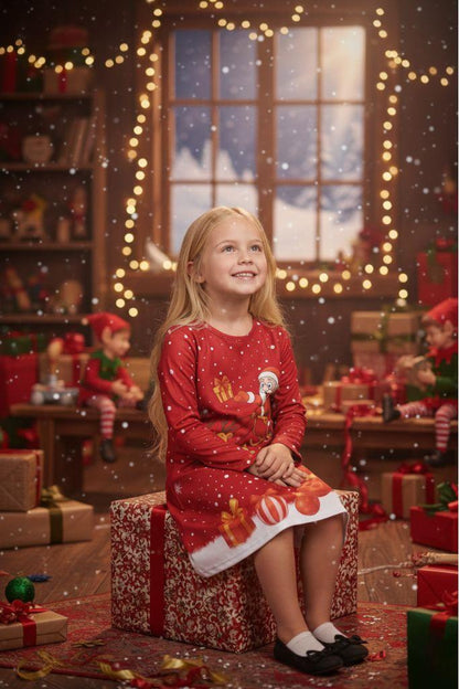 Girls Christmas Swing Dress Santa Sleigh Print Long Sleeve Party Dress Outfit
