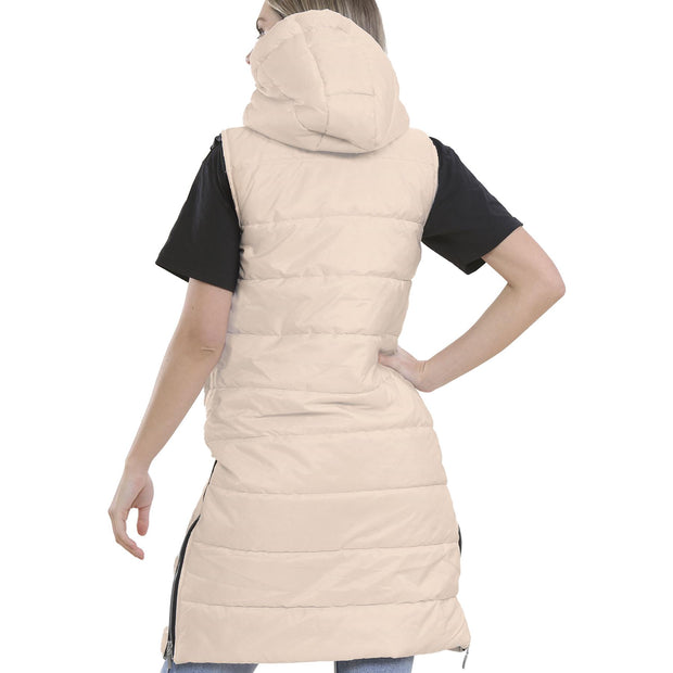 Ladies Sleeveless Gilet Oversized Hooded Quilted Gilet Padded Long Line Coat