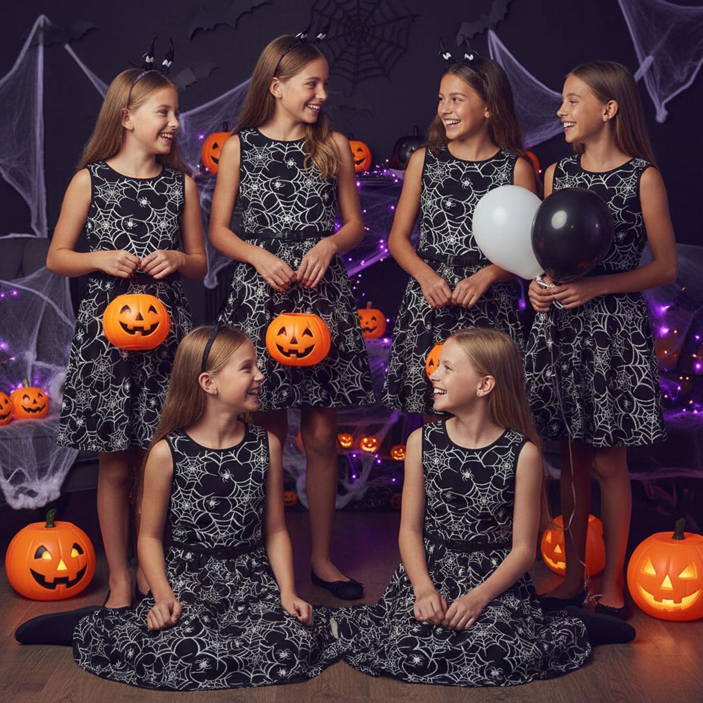 Girls Halloween Dresses Spider Web Print Sleevesless Skater Dress Fancy Costume