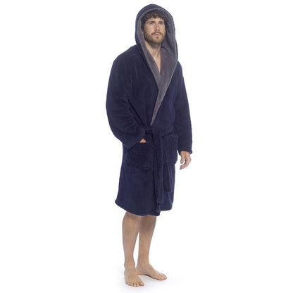 A2Z Mens Sherpa Fleece Hooded Robe Soft Warm Fluffy Bathrobe Cosy Loungewear