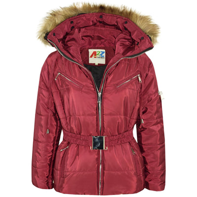 A2Z 4 Kids Kids Girls Jackets Wine Puffer Hooded Stylish Detachable Faux Fur Padded Zipped Belted Slim Fit Warm Coats New Age 5 6 7 8 9 10 11 12 13 Years