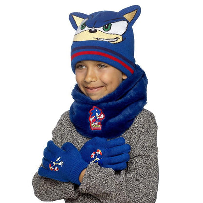 Sonic Boys Hat Gloves Snood Set Royal Blue Winter 3 Piece Officially Licensed