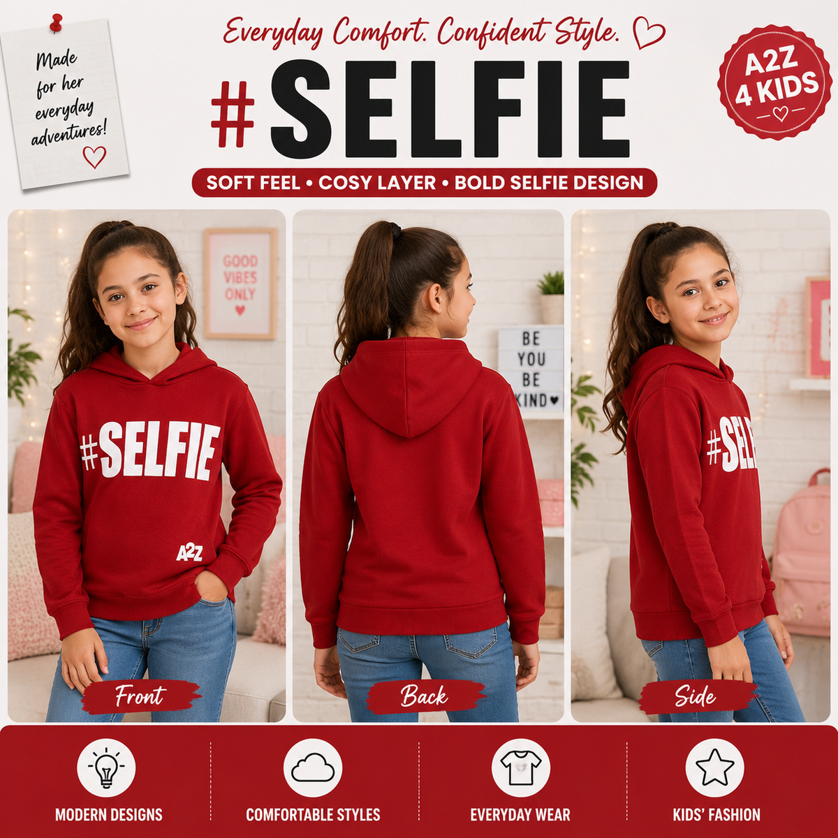 Kids Girls Boys Sweat Shirts Tops #Selfie Hooded Jumpers Hoodies New Age 2-13 Yr