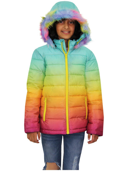 Kids Girls Puffer Jacket Faux Fur Hooded 3D Fade Gradient Padded Thick Warm Coat