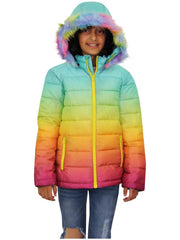 Kids Girls Puffer Jacket Faux Fur Hooded 3D Fade Gradient Padded Thick Warm Coat