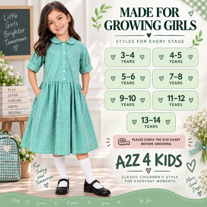 Girls School Gingham Dress Soft Fabric Check Print Front Button Closure Dress