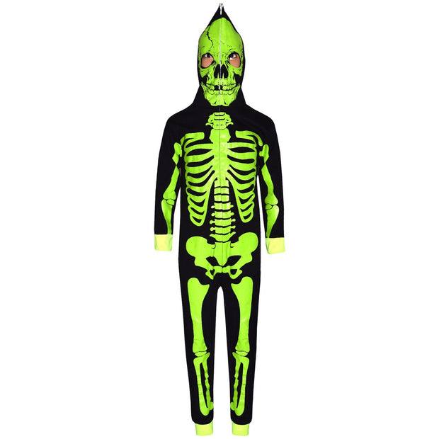 Kids Girls Boys Skeleton Print Pyjama Onesie Neon Green All In One Halloween Costume - A2Z 4 Kids