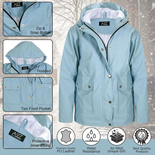 PU Raincoat Jacket Windbreaker Waterproof Parka Hooded For Girls Boys Age 5-13 Years