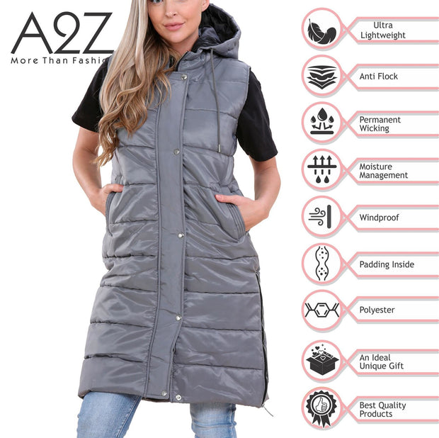 A2Z Ladies Adults Steel Grey Hooded Quilted Gilet Sleeveless Oversized Padded Gilet Long Line Vest Jacket Sleeveless Coat Urban Winter Wear S-4XL