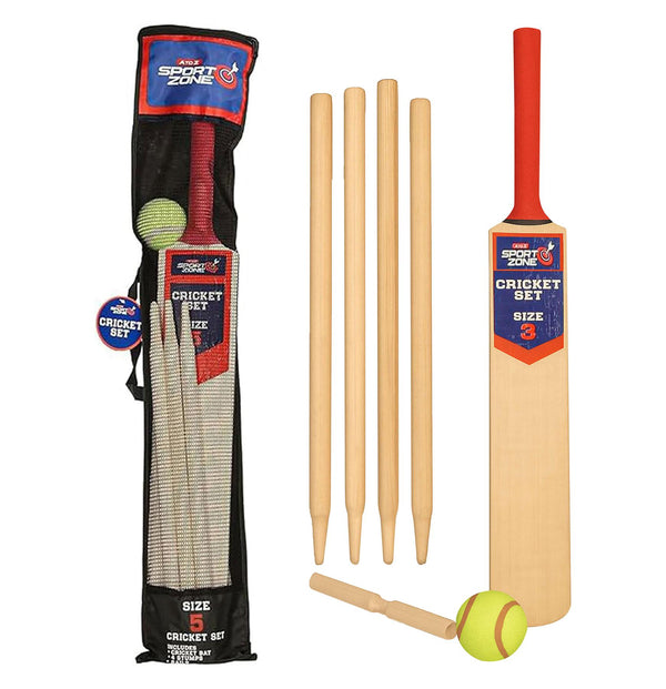 Cricket Set Wooden Bat/Stumps/Bails And Soft Ball Size 3 Game Set With Carry Bag