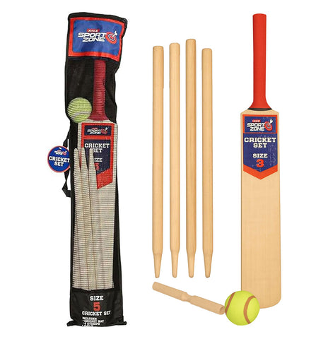 Cricket Set Wooden Bat/Stumps/Bails And Soft Ball Size 3 Game Set With Carry Bag
