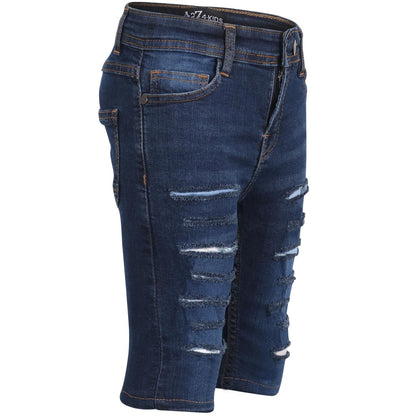 Kids Boys Ripped Denim Shorts Dark Blue Comfort Stretch Skinny Pants Trousers