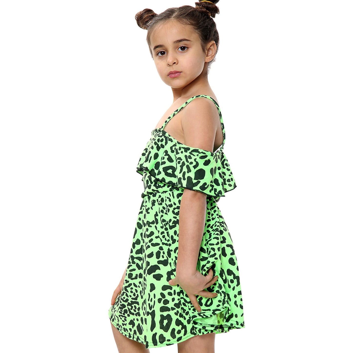 Kids Girls Skater Dress Leopard Print Summer Party Off Shoulder Dress 5-13 Years