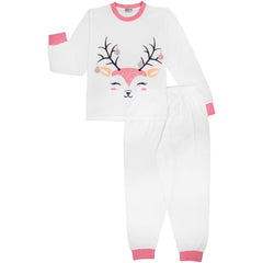 Kids Girls Christmas Pyjamas Reindeer Print White PJS 2 Piece Xmas Lounge Suit