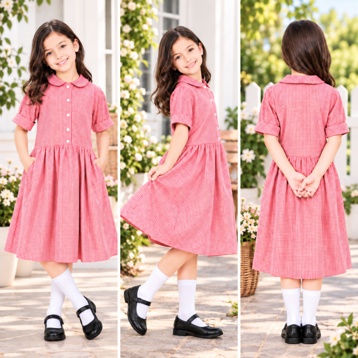 Girls School Gingham Dress Pack Of 2 Check Print Front Button Closure Dresses